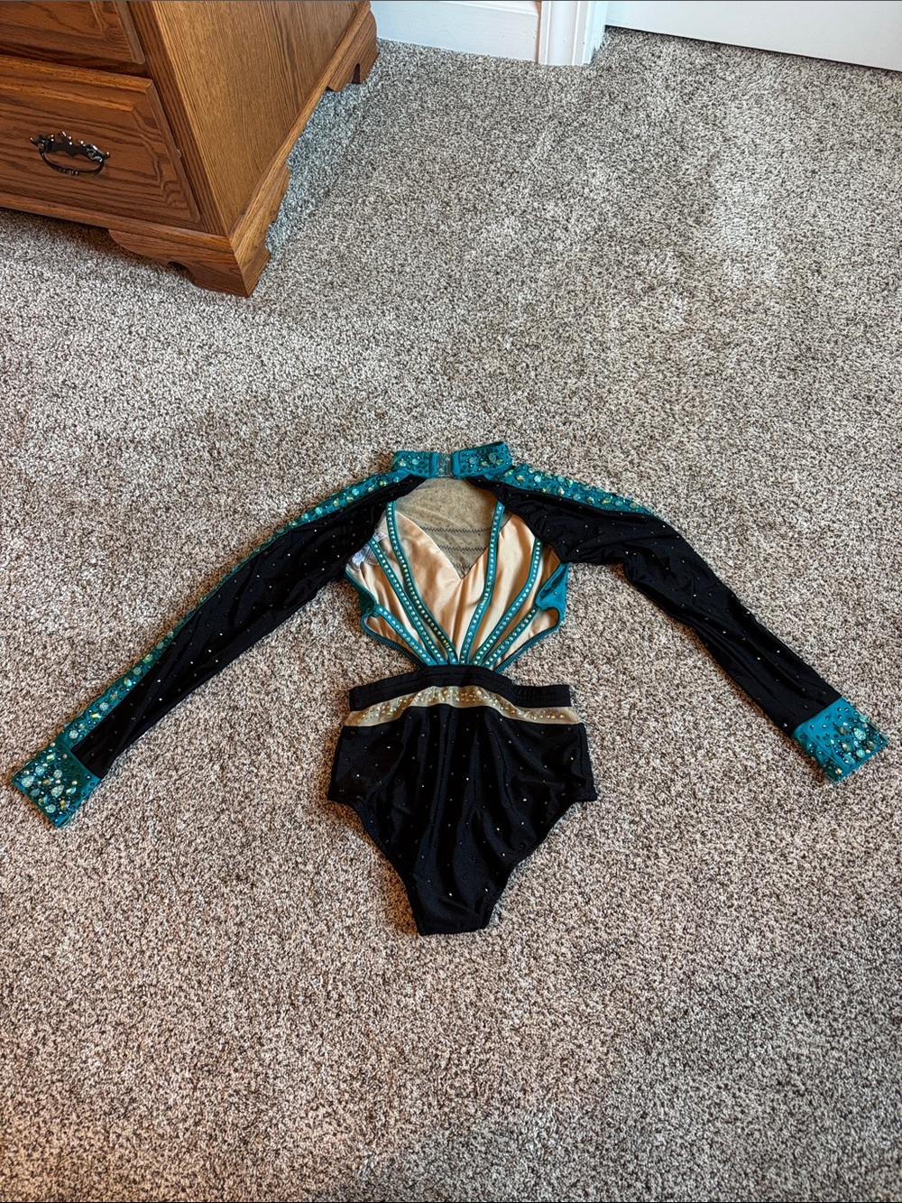 Glamour Teal and Black Jeweled Dance Costume - Picture 6 of 9